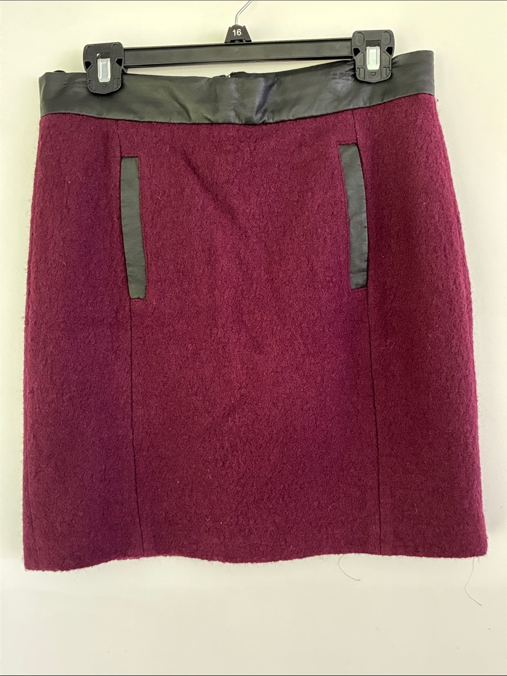 French Connection Womens Burgundy Wool Blend Pencil Skirt with Black Trim 10